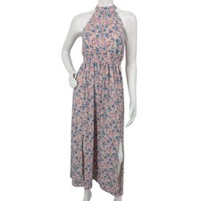 Pink Floral Halter Maxi Dress Smocked Waist Romantic Whimsical Side Slit Medium