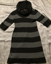 Takeout Womens M Black Gray Striped Sweater Dress Cowl Neck Knit Stretch