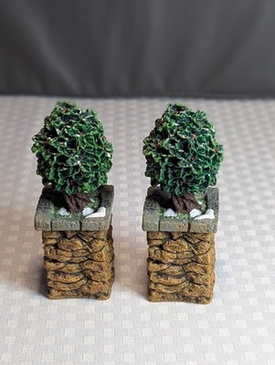 Set of Two Dept 56 Village Stone Corner Posts with Holly Trees NO BOX