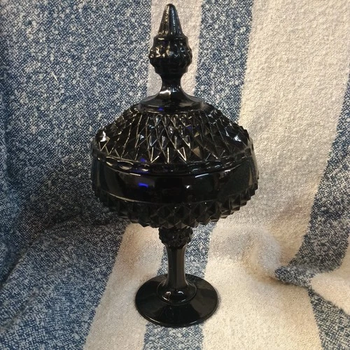 Vintage Black Indiana Glass Pedestal Candy Dish with Lid  Beautiful Piece