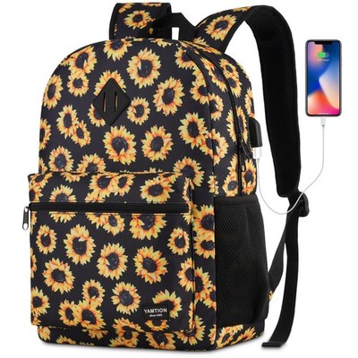 School Backpack Sunflower Bookbag Men Teen Boy USB Charging Port High College