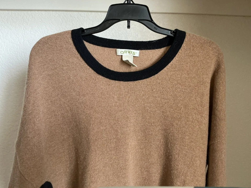 ORVIS мужчин XL 100% кашемир ворота длинным рукавом свитер желтовато-коричневый верблюд/черный б/у - Изображение 2 из 4