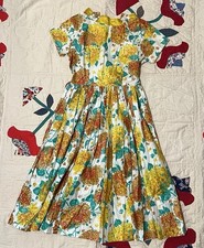 Vintage 1960s Yellow Floral Print Cotton A-Line Dress Bonnie Blair Pearl Detail