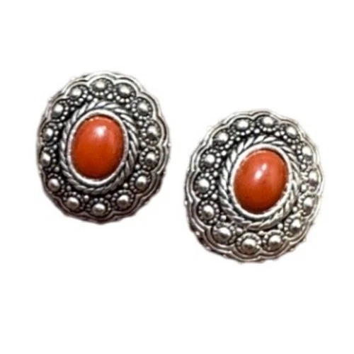 Pendientes de coral sintético tono plata vintage Western Southwest Boho Stud Post joyería Foto 3 de 4
