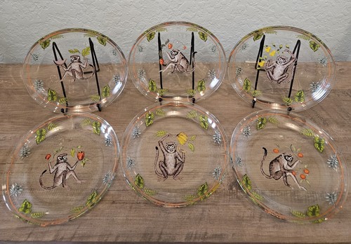 Set of 6 - LYNN CHASE Monkey Business Clear Glass Salad Dessert Plates 8.25”