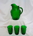 Anchor Hocking - Forest Green Sandwich Glass - Pitcher & 3 Tumblers