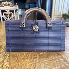 VTG. Bamboo Slat Handbag Wood Handles Decorative Loop Flower-button Closure Boho