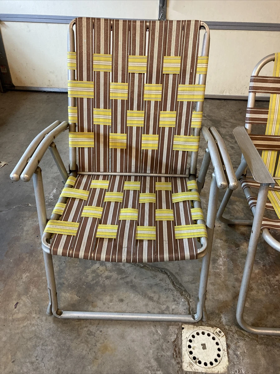 2 Vintage Brown And Yellow Aluminum Beach Lawn Chair Folding Nylon
