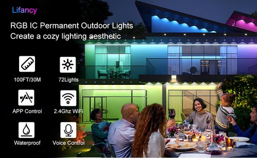 Permanent Outdoor Eaves Lights 72 LED 100ft Smart RGBIC Remote Control Christmas - Picture 12 of 12