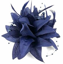 Navy Blue Fascinator with Petals, Pearls, and Tendrils on Beak Clip and Pin