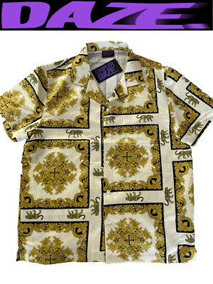 Italian Baroque Mosaic Luxury Shirt Large Sateen Black Gold Cream Side Vents New