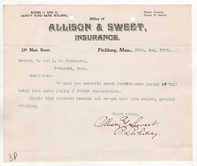 1897 ALLISON SWEET INSURANCE MAIN ST SAFETY FUND BANK FITCHBURG MA FESSENDEN