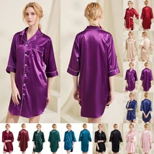 UK Women Satin Pajamas Shirt Dress Nightwear Sleep Shirt Sleepwear Nighty Tops