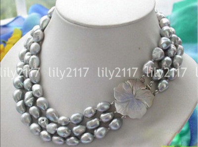 3 Rows natural silver gray baroque freshwater cultured pearl Necklace 17-19''