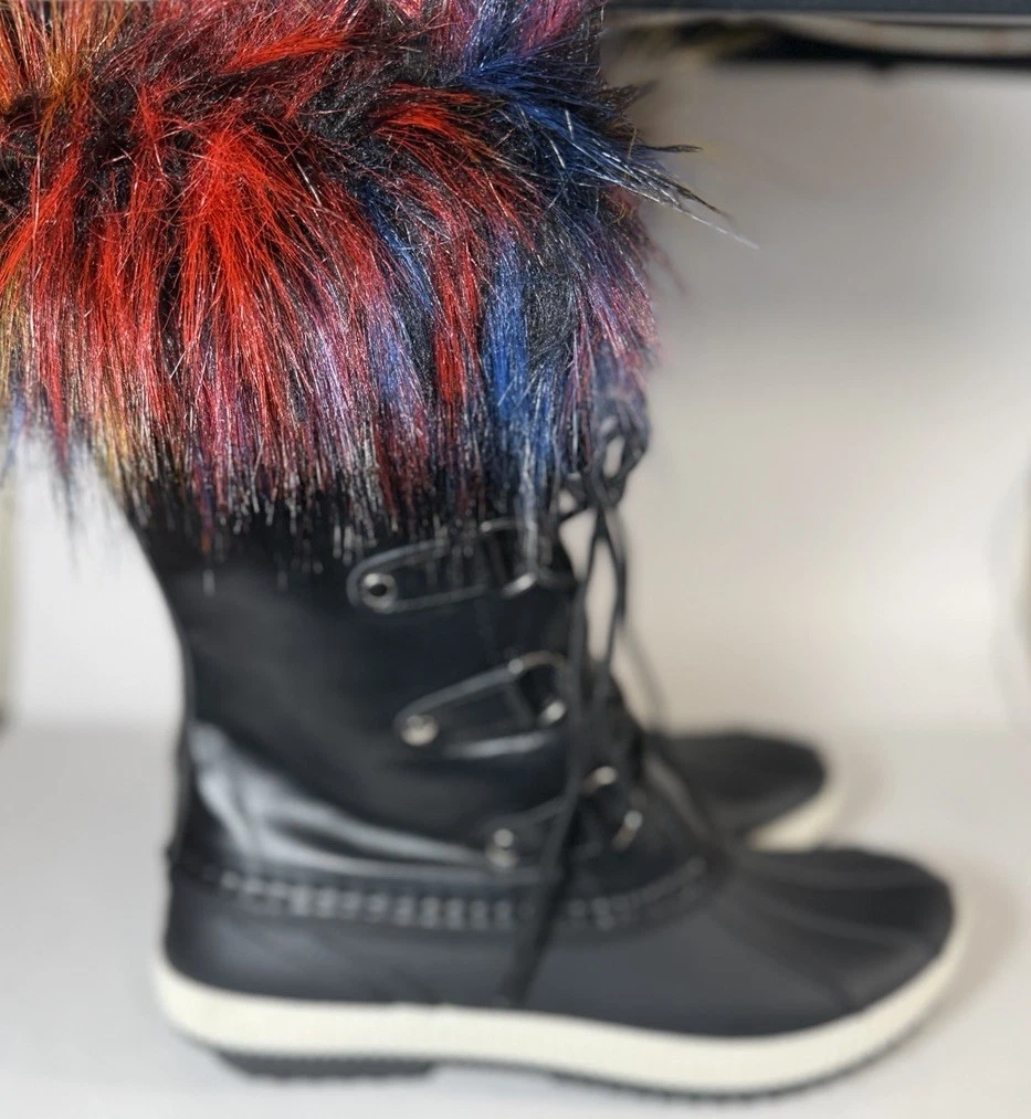 H2K Women's Snow Boots Size 10 Black Multi-Color Faux Fur Winter Duck
