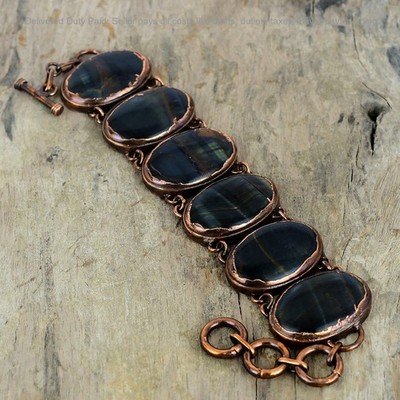 Copper Oval Pietersite Gemstone Chain Bezel Electroformed Boho Bracelet Jewelry