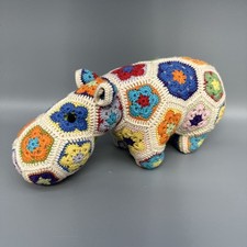 Handmade Crochet Hippo Plush Granny Square Grannycore Stuffed Animal Multicolor
