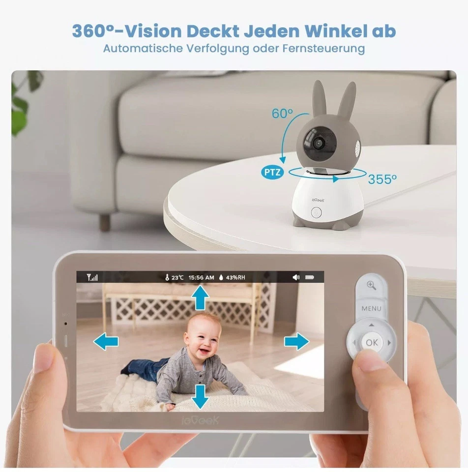 ieGeek Babyphone con Fotocamera Wi-Fi 2K Pan/Tilt Camera con Display a Colori 5" 350°/55° - Immagine 3 di 4