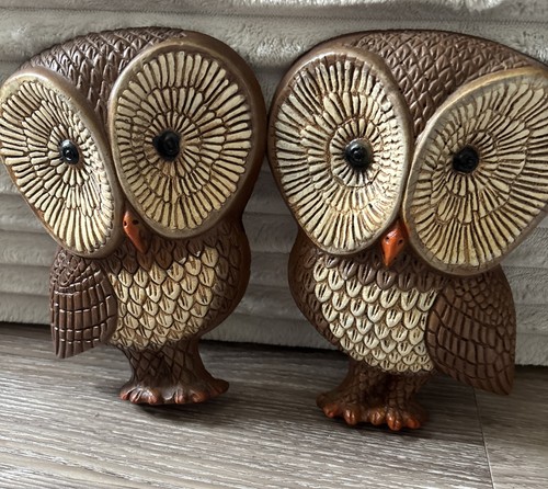 Vtg MCM Set of 2 Owl Wall Plaques Hangings Foam Resin Decor 60’sOwls Owlets Boho