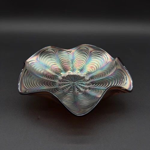 Fenton “peacock Tail” Amethyst Carnival Glass Ruffled Bowl Iridescent