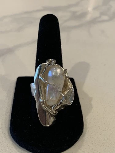 Large Artisan Vintage Modernist Baroque Pearl Ring Sterling Silver 925  AA063
