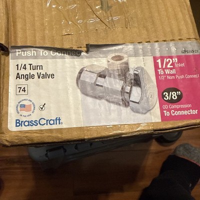 BrassCraft push to connect  1/4 turn angle valve 1/2 in to wall 1/2 nom 3/8 OD 