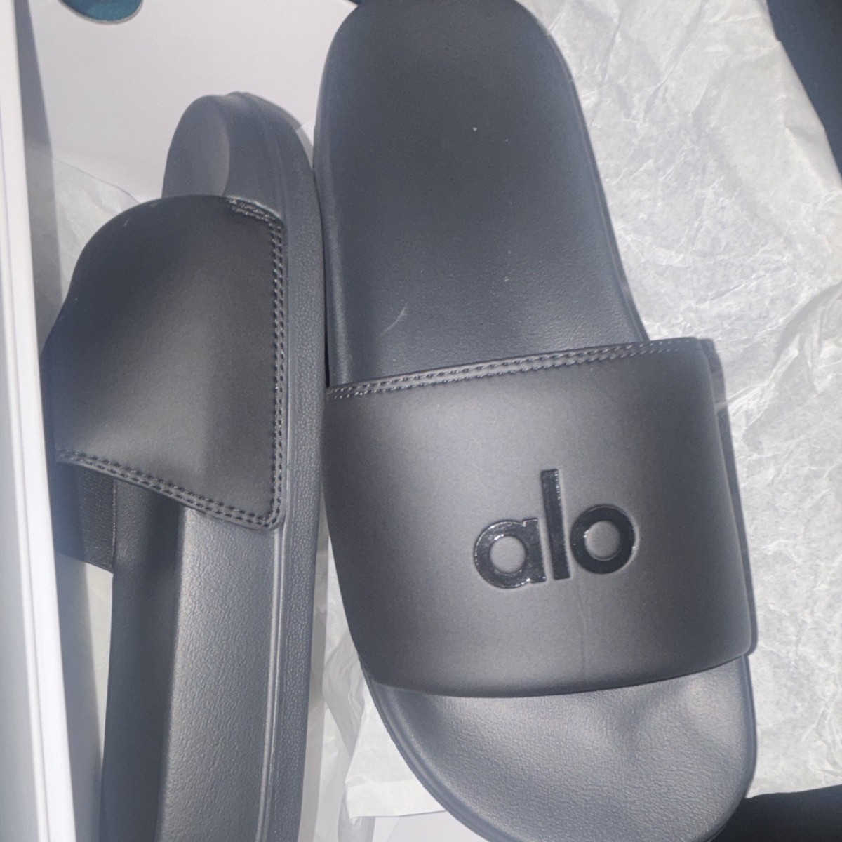 Alo Men's Black Logo Slide Sandals, Rubber Upper Slip-On Casual