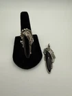 Sterling Silver Black Onyx Marquise Ring & Pendant Set Vintage Navajo Style 6.5