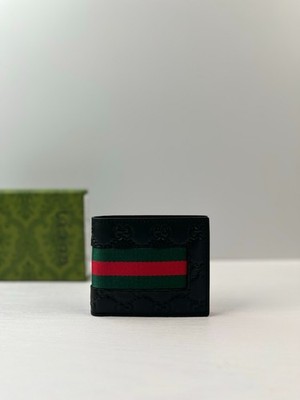 Gucci GG Signature Black Leather Bifold Wallet Web Stripe Italy