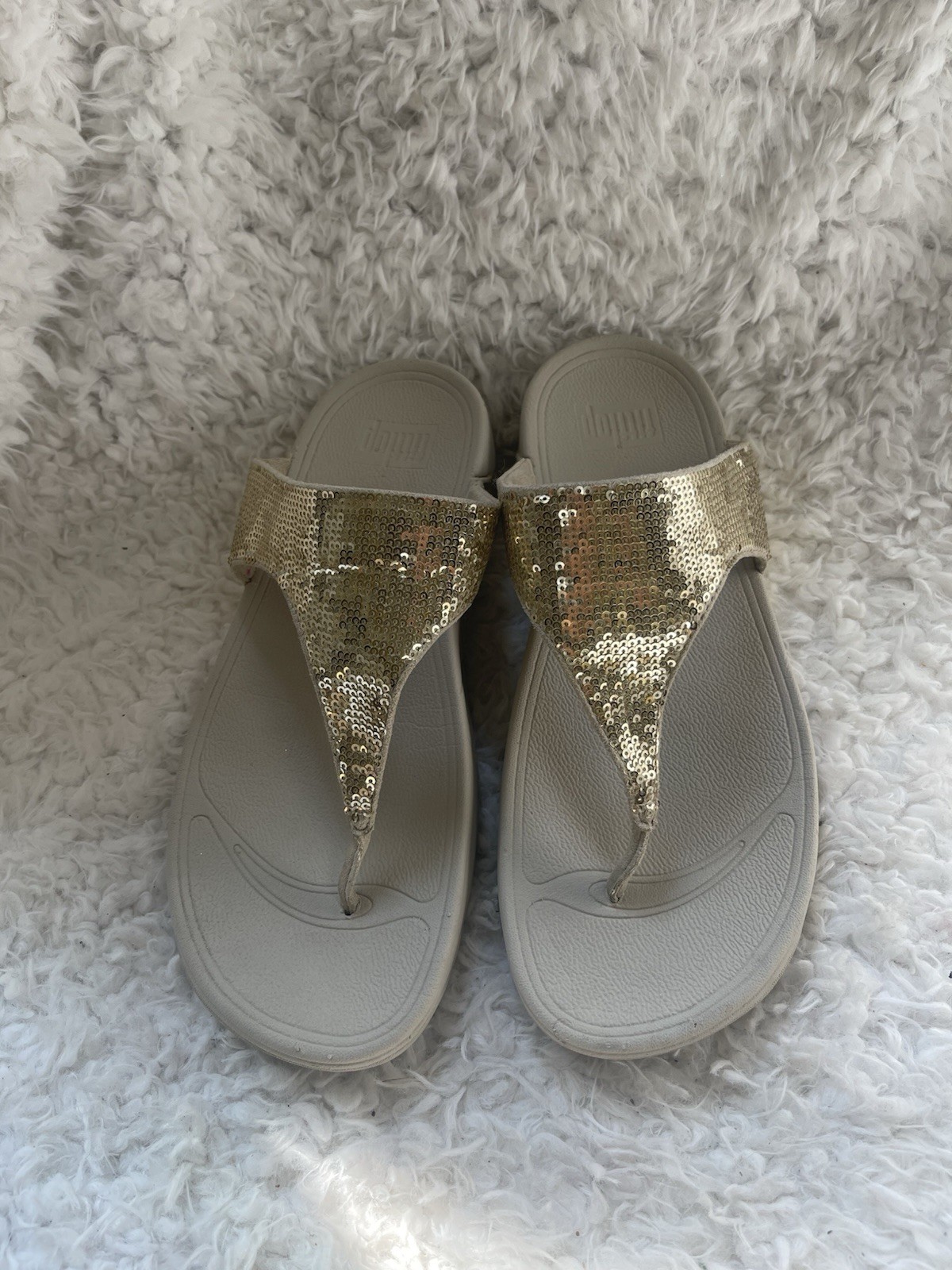 PANTOFOLA D’ORO FitFlop Lulu tessuto oro paillettes zeppa tanga sandali ciabatte TG9.