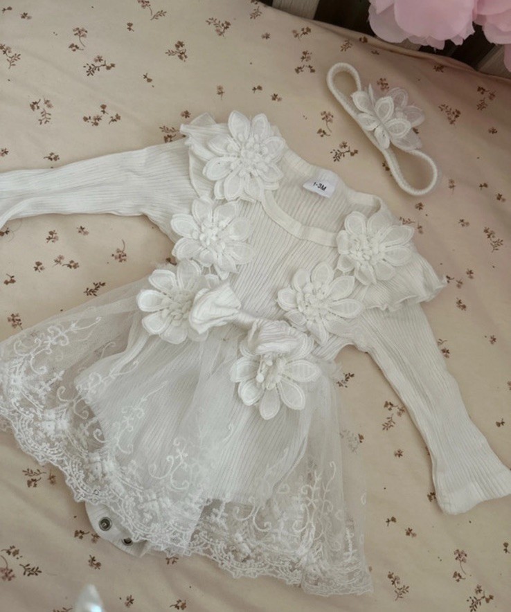 Vestido de fiesta blanco para bebé niña encaje floral calce y acampanado 1-3 meses, a presión