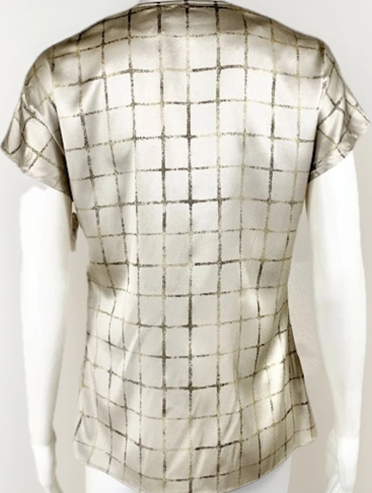 Blusa Etro Mezcla Seda 42 EE. UU. 6 8 Dorado Metálico Cuadros Lazo Volantes Italia Top Lujo Foto 2 de 4