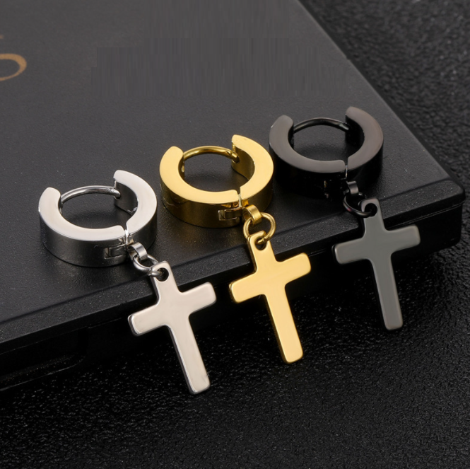 Titanium Unisex Punk Faith Cross Gold/Silver/Black/Blue Hoop