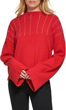 dKNY Womens Long Sleeve Studded Cowl Neck Sweater P2MSAB84 Scarlet Silver Red M