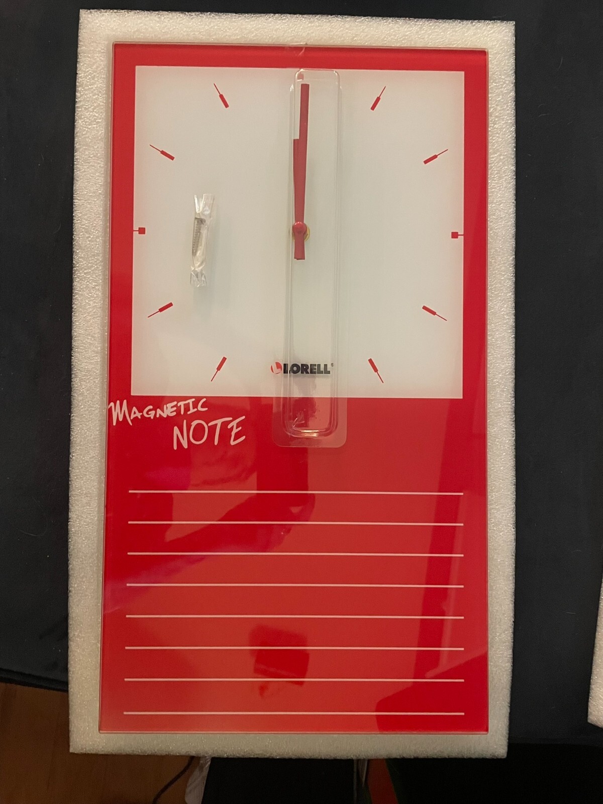 Lorell Wall Clock, 17-3/4" x 9-7/8" x 0.4" Red Magnetic Glass Clock Dry-Erase