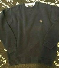 Vtg Mens L TOMMY HILFIGER Navy Blue CREST SWEATER Crew Neck COTTON Pullover Top