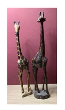 VINTAGE SET OF TWO HAND CARVED AND HAND PAINTED WOODEN GIRAFFE FIGURINES