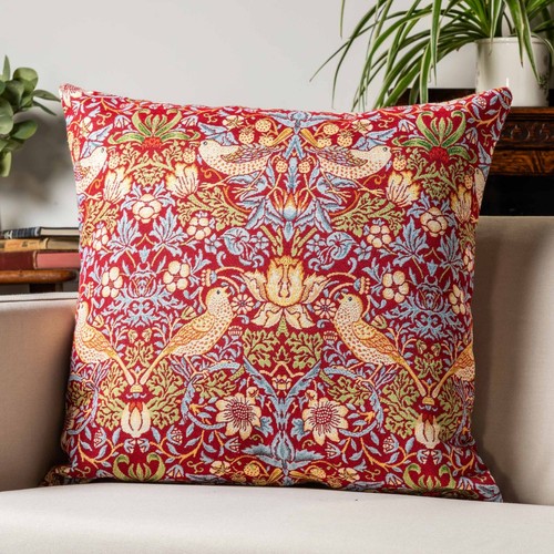 William Morris Vintage Strawberry Thief Tapestry Extra-Large Cushion in Red. - Picture 4 of 4
