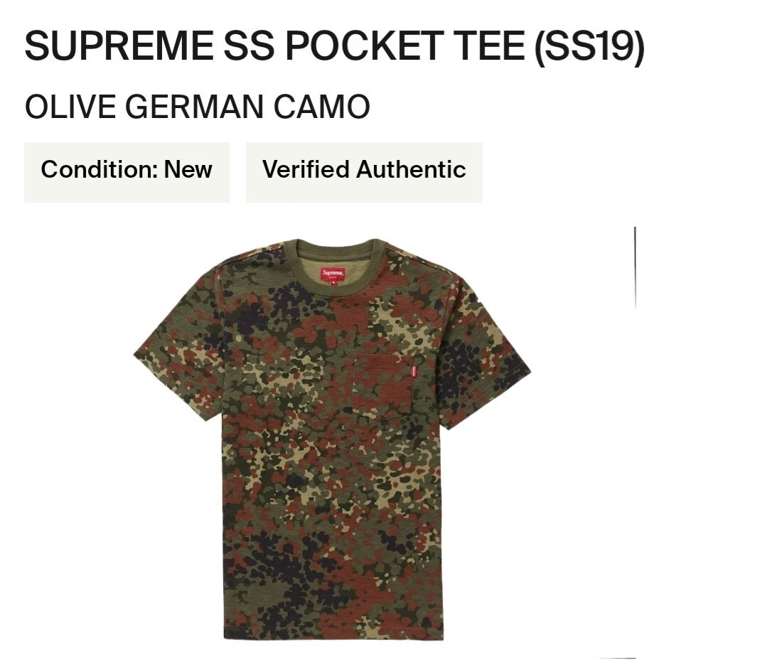 Supreme S/S Pocket Tee Olive Green Camo Size L, SS19.