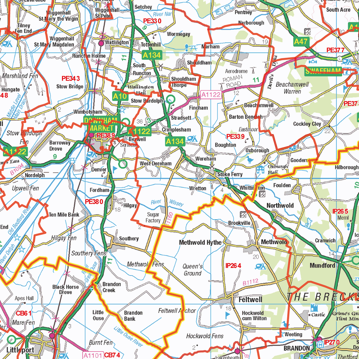 East Anglia Map East Anglia (North) Postcode Sector Map 15 - Laminated ...