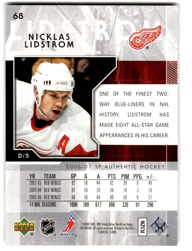 2006-07 SP Authentic Nicklas Lidstrom #68 Detroit Red Wings - Image 2 of 2