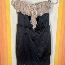 Vtg Bebe Retro Small Black Cream Lace Ruffle Strapless Mini Dress