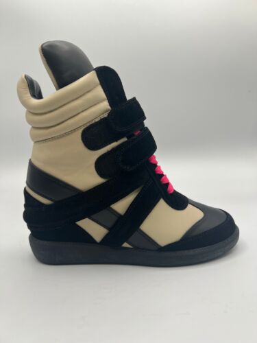 Monika Chiang Women's Black Beige Leather Lace-Up Hidden Wedge Heel Sneakers 7.5 - Picture 1 of 7