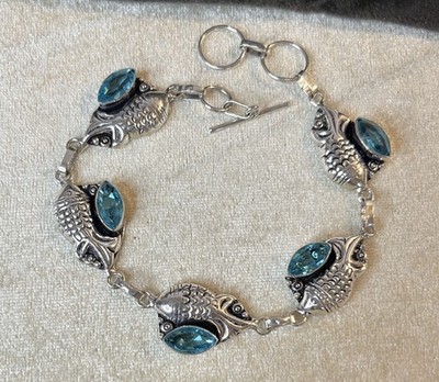 Nwt 925 Sterling Silver Fish Shaped Blue Topaz Artisan Crafted Bracelet