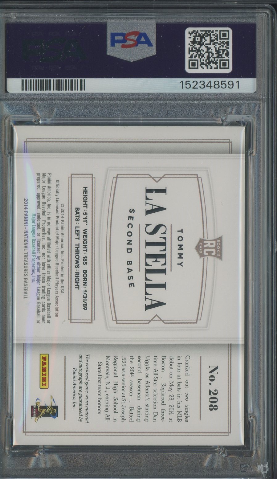2014 National Treasures Tommy La Stella Patch /99 PSA 8 PSA/DNA 9 AUTO view 2