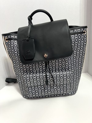 Pre-Owned Tory Burch Leather Backpack Black with Chainlink Pattern