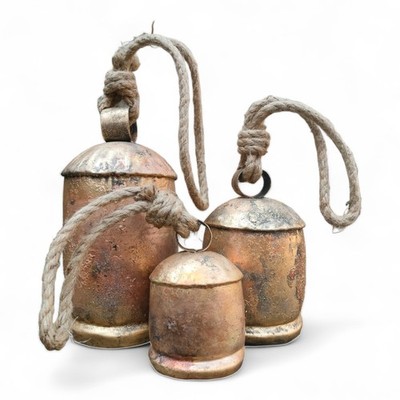 Set of 3 Metal Christmas Bells for Decoration Rustic Brass Gold Large Bell Co...