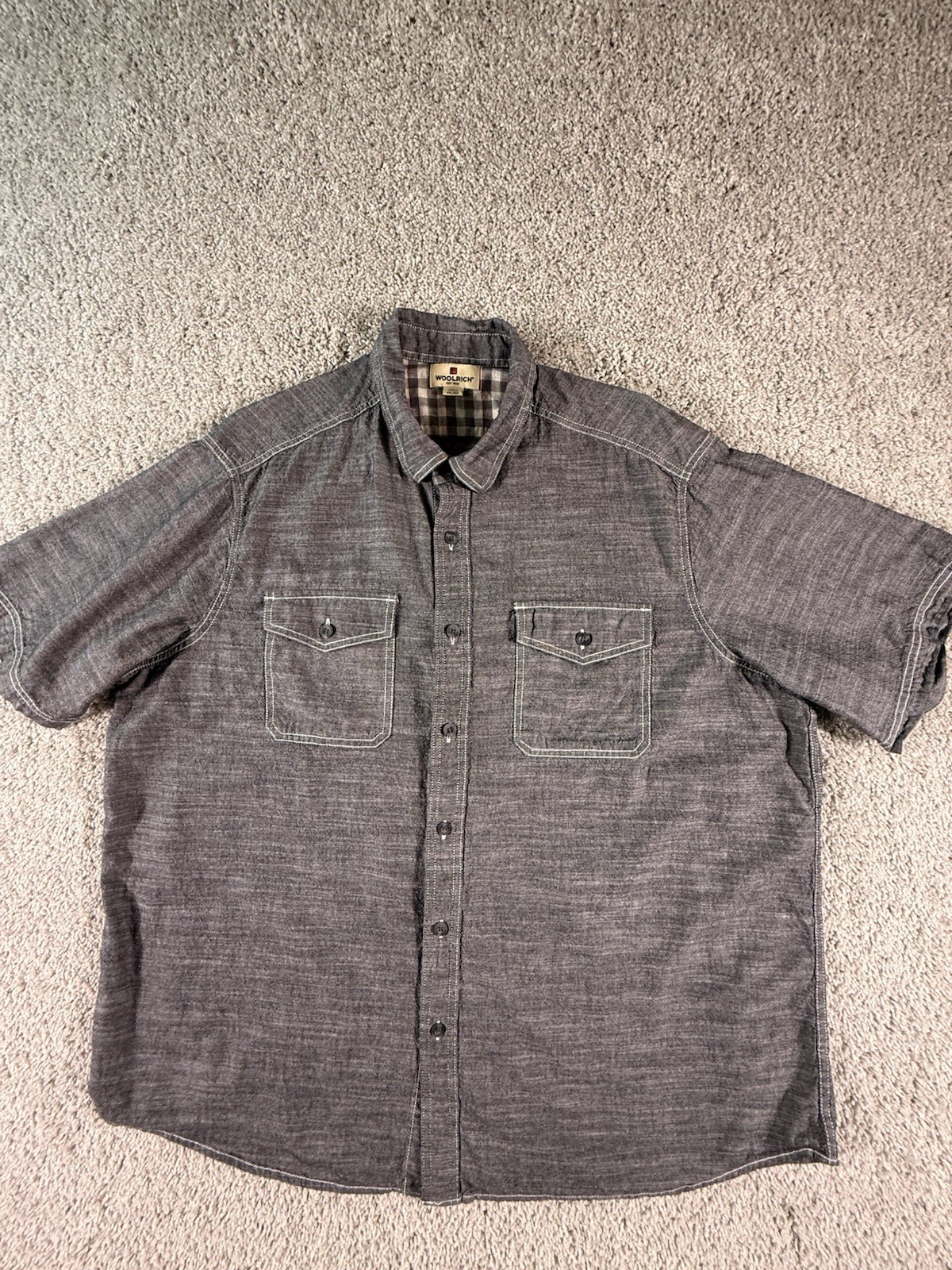 Woolrich Mens Button Up Shirt XXL Black Short Sleeve Pockets Work Shirt