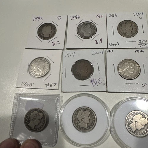 1892 to 1914 Barber Quarter 9 PC Lot All Different Dates! Nice Collection Lot