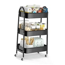  3 Tier Utility Rolling Cart, Metal Storage Cart with Handle and Normal Black
